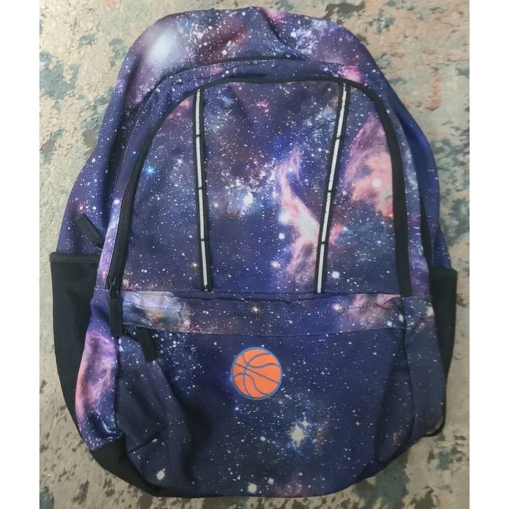 Lands End Class Mate Large Backpack Galaxy Print with Embroidered Basketball EUC